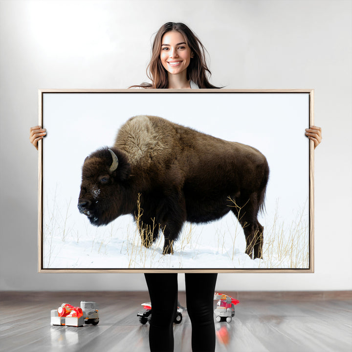 Bison Photography Wall Art Canvas Print, Framed Western Wildlife Art Picture Print, Buffalo On Snow Perfect Western Decor Artwork