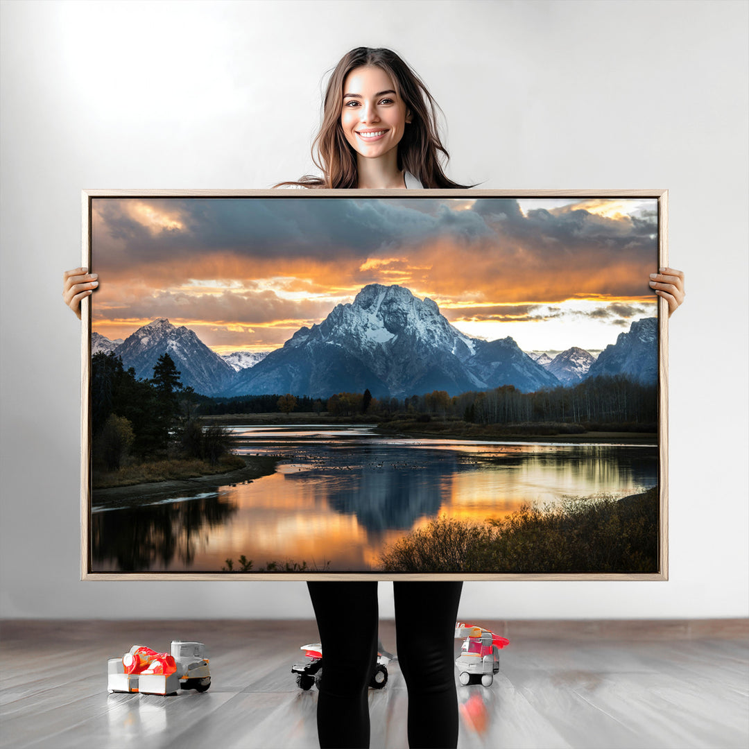 Mountain Sunset Wall Art Canvas Print, Framed Alpine Wilderness Art Picture Print, Golden Hour Perfect Wilderness Decor Artwork