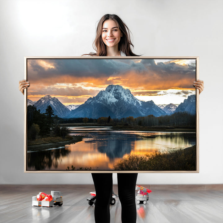 Mountain Sunset Wall Art Canvas Print, Framed Alpine Wilderness Art Picture Print, Golden Hour Perfect Wilderness Decor Artwork