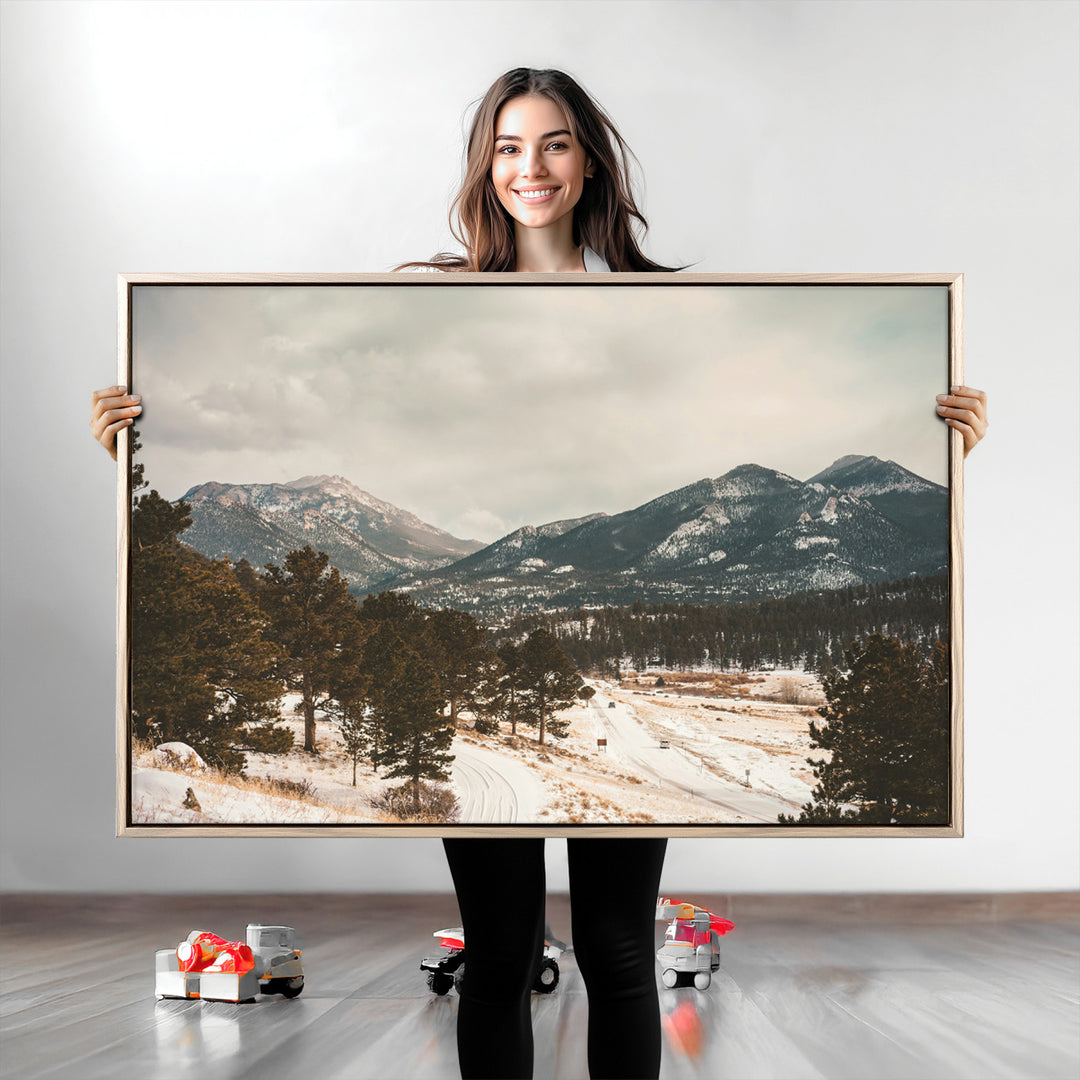 Mountain Landscape Wall Art Canvas Print, Framed Snowy Peaks Art Picture Print, Alpine Aesthetic Perfect Rustic Winter Decor Artwork