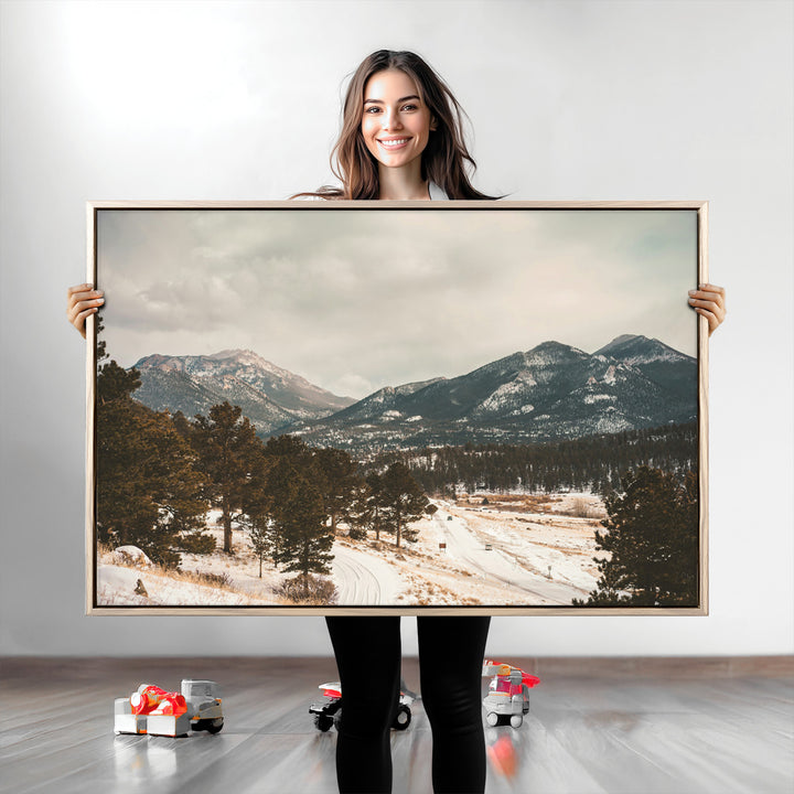 Mountain Landscape Wall Art Canvas Print, Framed Snowy Peaks Art Picture Print, Alpine Aesthetic Perfect Rustic Winter Decor Artwork