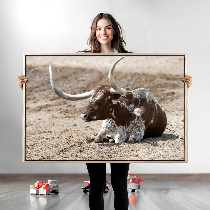 Texas Longhorn Wall Art Canvas Print, Framed Country Living Art Picture Print, Farmhouse Perfect Western Decor Artwork