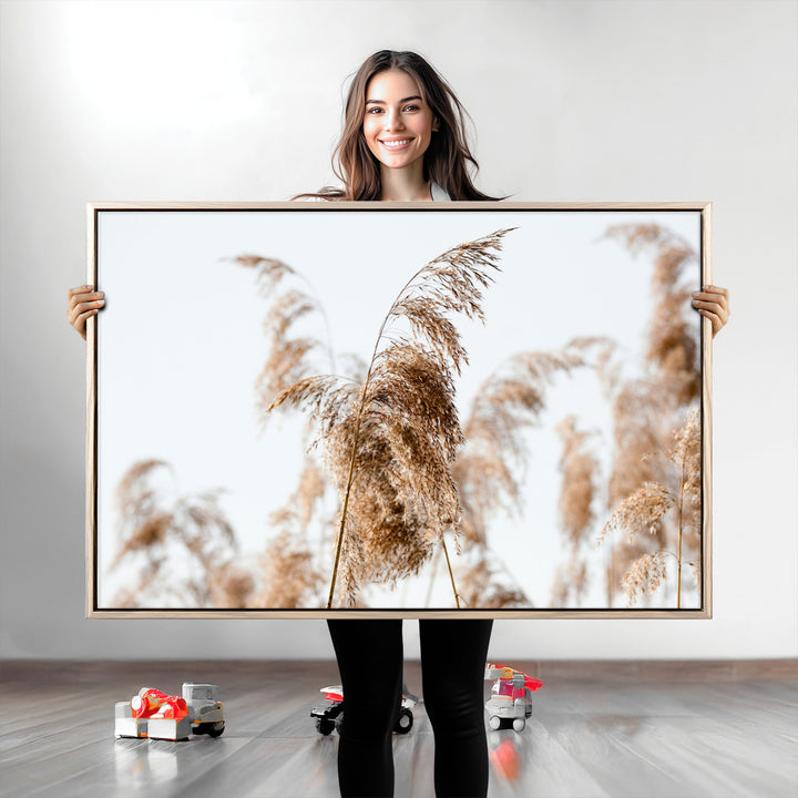Pampas Grass Wall Art Canvas Print, Framed Neutral Tones Art Picture Print, Minimalist Nature Perfect Boho Decor Artwork