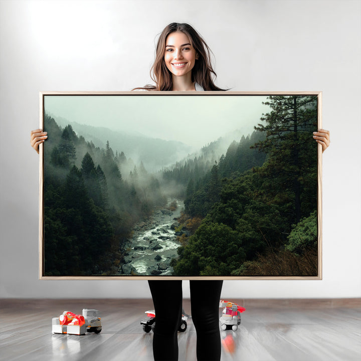Misty Forest Wall Art Canvas Print, Framed Foggy River Art Picture Print, Moody Landscape Perfect Wilderness Decor Artwork