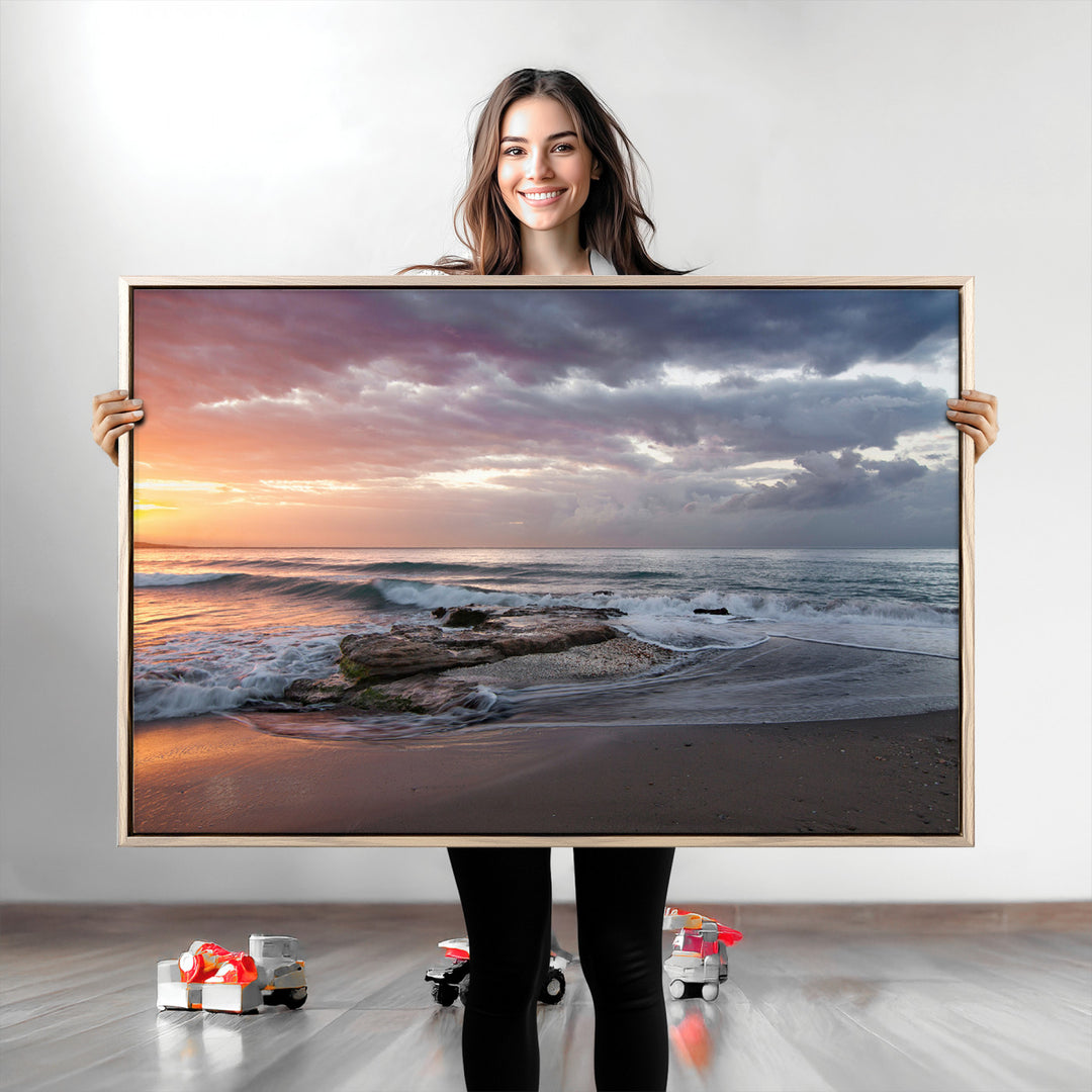 Golden Hour Wall Art Canvas Print, Framed Tranquil Waves Art Picture Print, Beach Perfect Coastal Serenity Decor Artwork