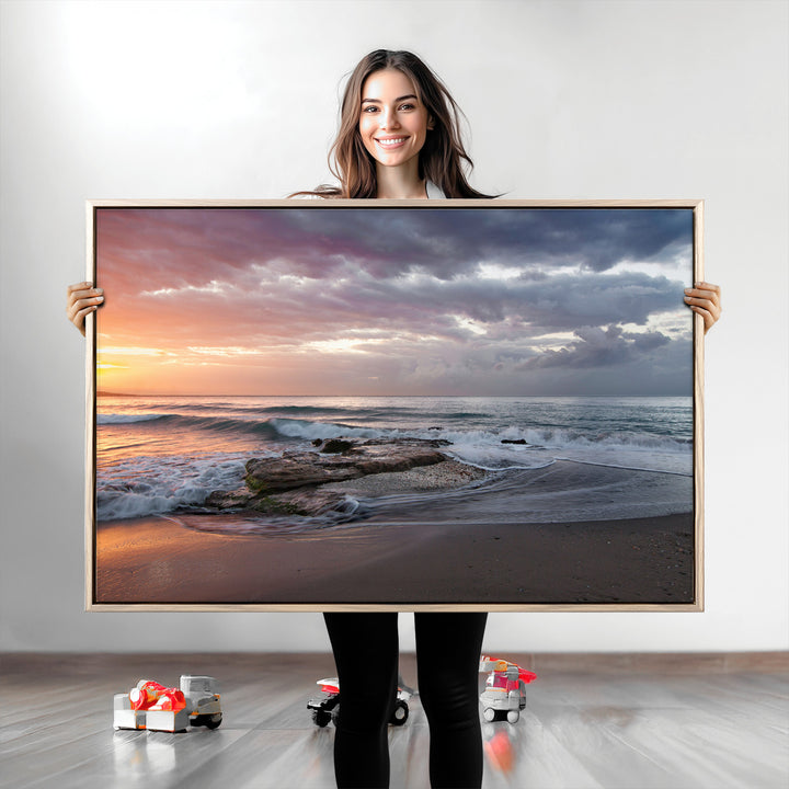 Golden Hour Wall Art Canvas Print, Framed Tranquil Waves Art Picture Print, Beach Perfect Coastal Serenity Decor Artwork