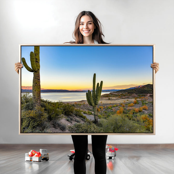 Saguaro Cactus Wall Art Canvas Print, Framed Desert Sunset Art Picture Print, Southwestern Perfect Southwestern Decor Artwork