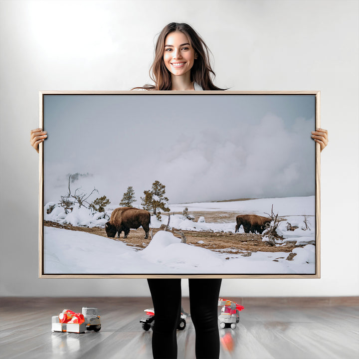 Bison Wildlife Wall Art Canvas Print, Framed Snowy Prairie Art Picture Print, Western Perfect Rustic Decor Artwork
