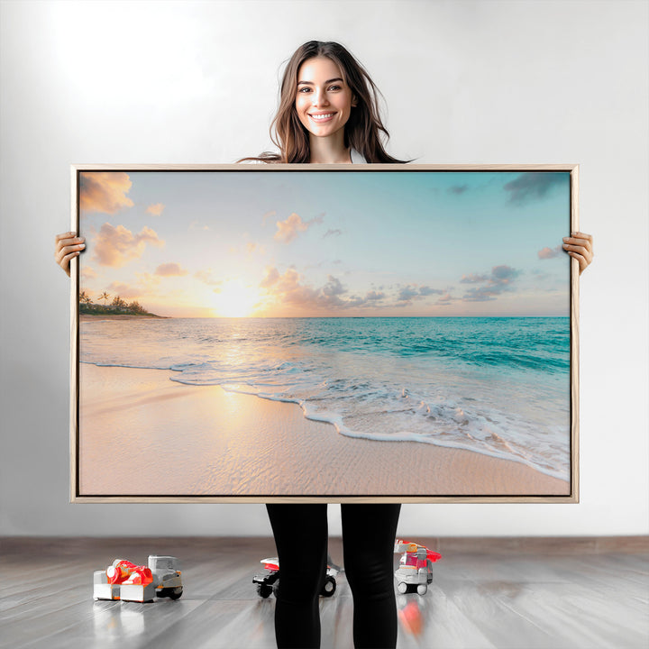 Beach Sunset Wall Art Canvas Print, Framed Ocean Waves Art Picture Print, Summer Escape Perfect Coastal Decor Artwork