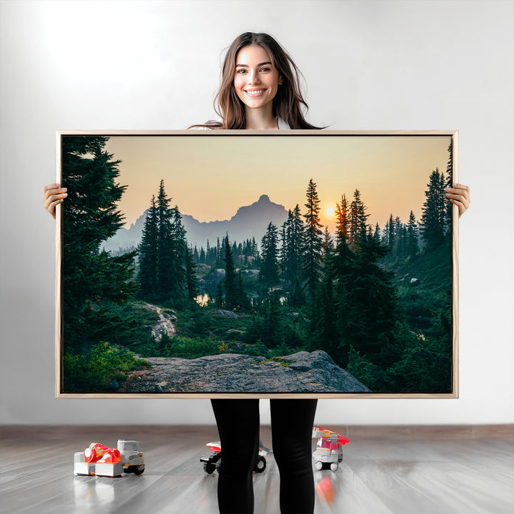 Mountain Wall Art Canvas Print, Framed Forest Serenity Art Picture Print, Mountain Perfect Rustic Decor Artwork