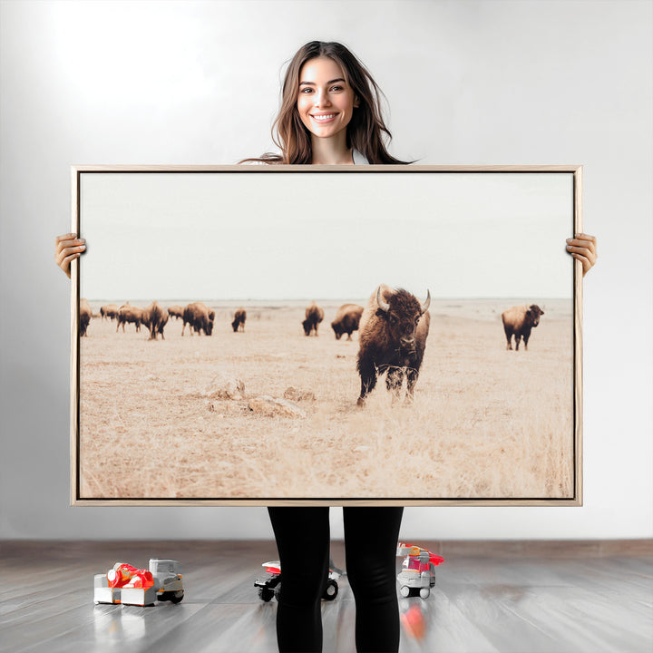 Bison Herd Wall Art Canvas Print, Framed Western Art Picture Print, Prairie Serenity Perfect Ranch Decor Artwork