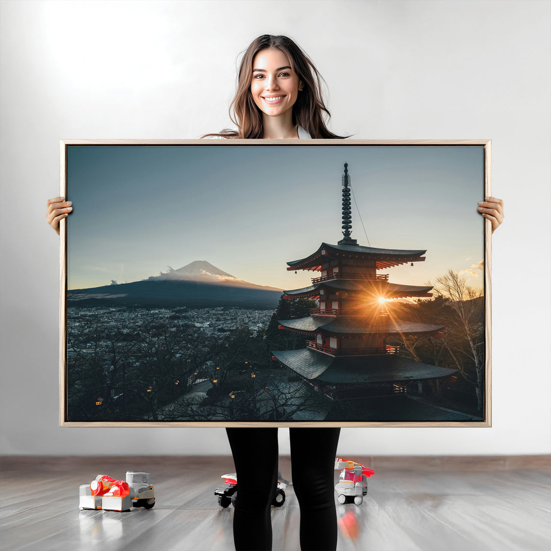 Mount Fuji Wall Art Canvas Print, Framed Japan Travel Art Picture Print, Chureito Pagoda Perfect Zen Minimalism Decor Artwork