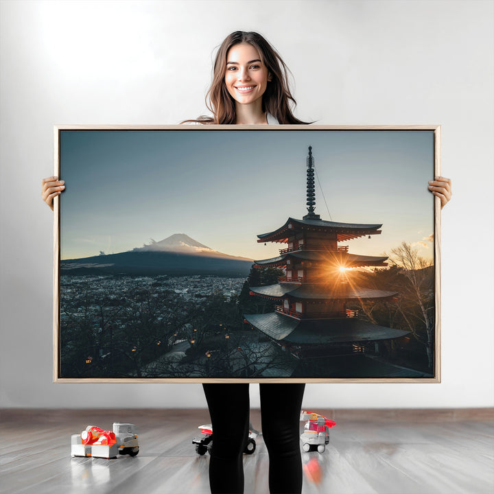 Mount Fuji Wall Art Canvas Print, Framed Japan Travel Art Picture Print, Chureito Pagoda Perfect Zen Minimalism Decor Artwork