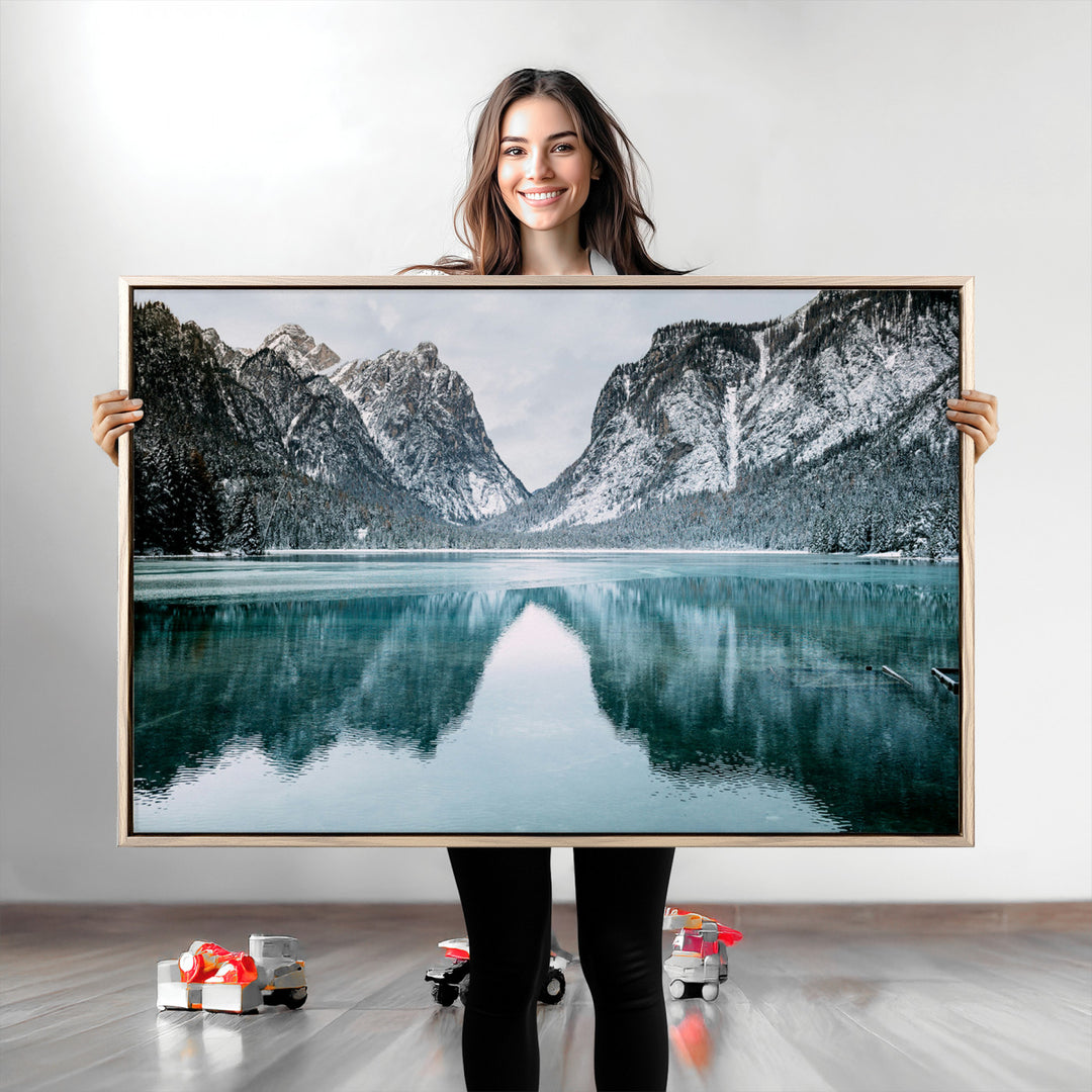 Mountain Lake Wall Art Canvas Print, Framed Winter Wonderland Art Picture Print, Snowy Peaks Perfect Modern Nature Decor Artwork