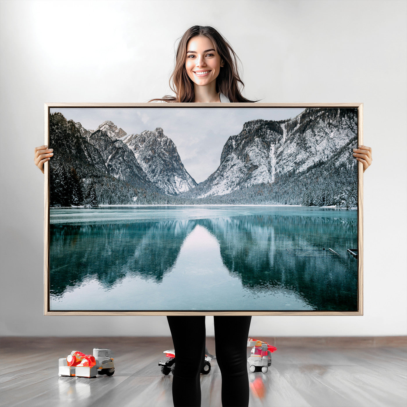Mountain Lake Wall Art Canvas Print, Framed Winter Wonderland Art Picture Print, Snowy Peaks Perfect Modern Nature Decor Artwork