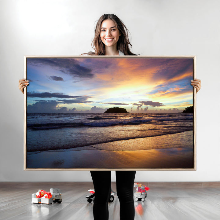 Beach Sunset Wall Art Canvas Print, Framed Ocean Waves Art Picture Print, Tropical Seascape Perfect Coastal Serenity Decor Artwork