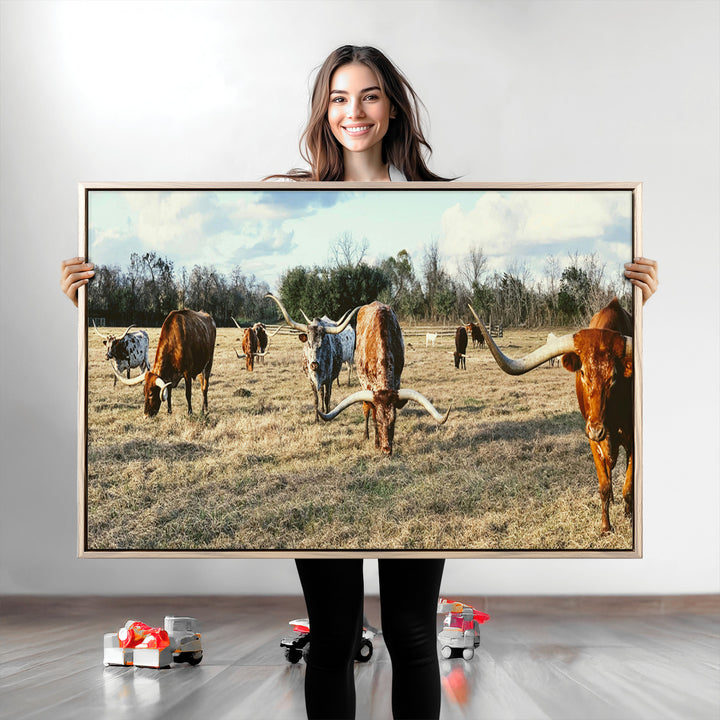 Texas Longhorns Wall Art Canvas Print, Framed Rustic Farm Scene Art Picture Print, Western Cattle Print Canvas Perfect Rustic Farmhouse