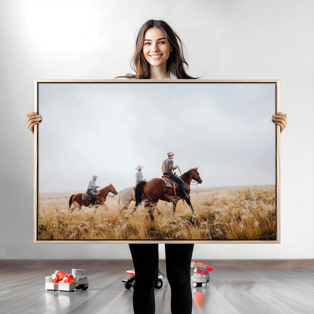 Western Cowboys Wall Art Canvas Print, Framed Rustic Prairie Art Picture Print, Horseback Riding Print Canvas, Perfect Rustic Western Decor