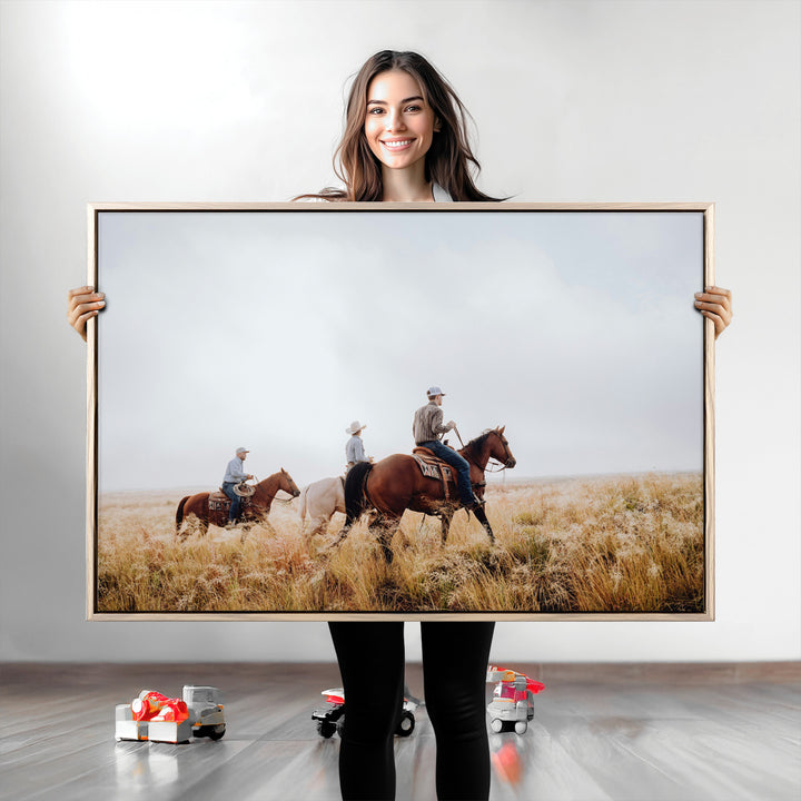 Western Cowboys Wall Art Canvas Print, Framed Rustic Prairie Art Picture Print, Horseback Riding Print Canvas, Perfect Rustic Western Decor