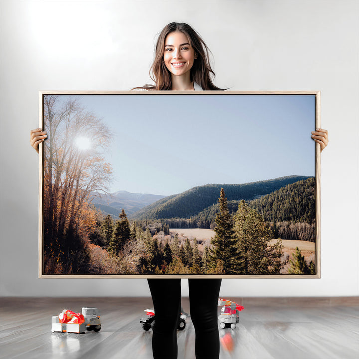 Rustic Landscape Wall Art Canvas Print, Framed Serene Valley Art Picture Print, Pine Tree Horizon Perfect Rustic Cabin Decor Artwork