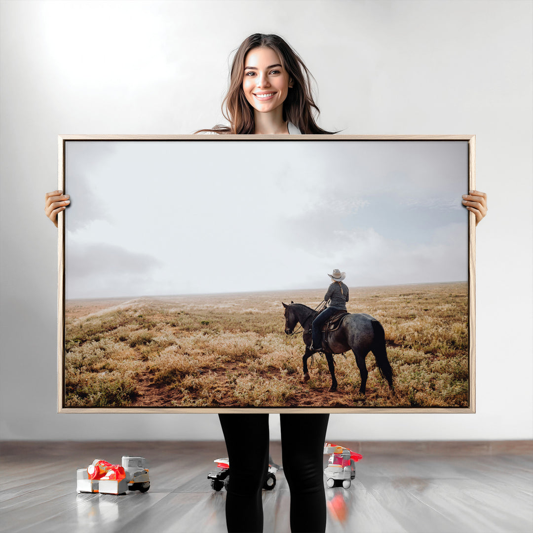 Cowboy Wall Art Wall Art Canvas Print, Framed Western Canvas Art Picture Print, Rustic Ranch Scene Perfect Rustic Western Decor Artwork
