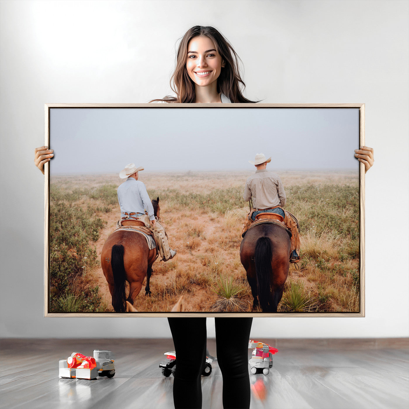 Two cowboys riding horseback through a misty prairie, capturing the rustic and adventurous spirit of the Western frontier.