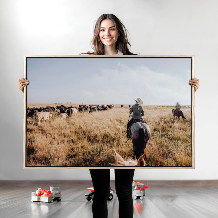 Western Wall Art Wall Art Canvas Print, Framed Cowboy Canvas Art Picture Print, Cattle Drive Scene Perfect Rustic Western Decor Artwork