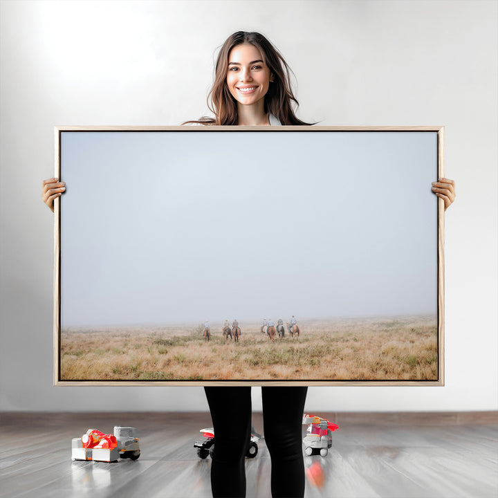Foggy Plains Wall Art Canvas Print, Framed Horseback Riders Art Picture Print, Rustic Western Perfect Rustic Western Decor Artwork