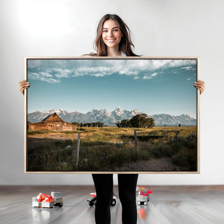 Rustic Farmhouse Wall Art Canvas Print, Framed Mountain Cabin Art Picture Print, Western Landscape Perfect Rustic Farmhouse Decor Artwork