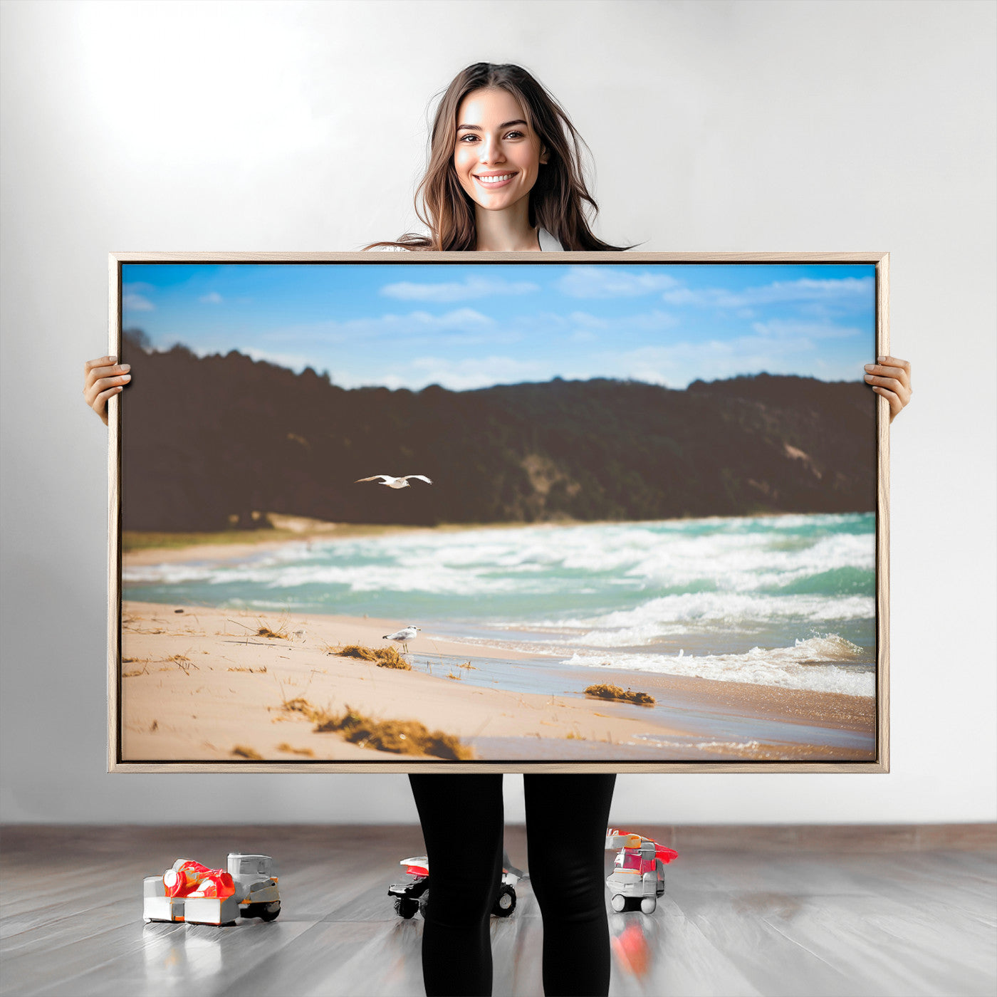 Serene beach scene with gentle ocean waves, sandy shore, and a seagull flying under a blue sky, perfect for coastal and nature-inspired decor.