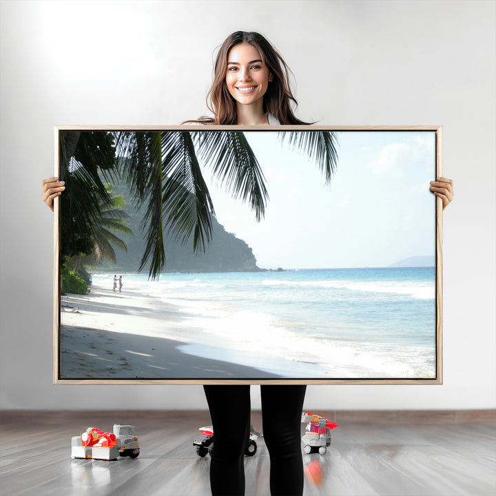 Tropical Beach Wall Art Canvas Print, Framed Serene Ocean Art Picture Print, Palm Tree Shadows Perfect Tropical Coastal Decor Artwork