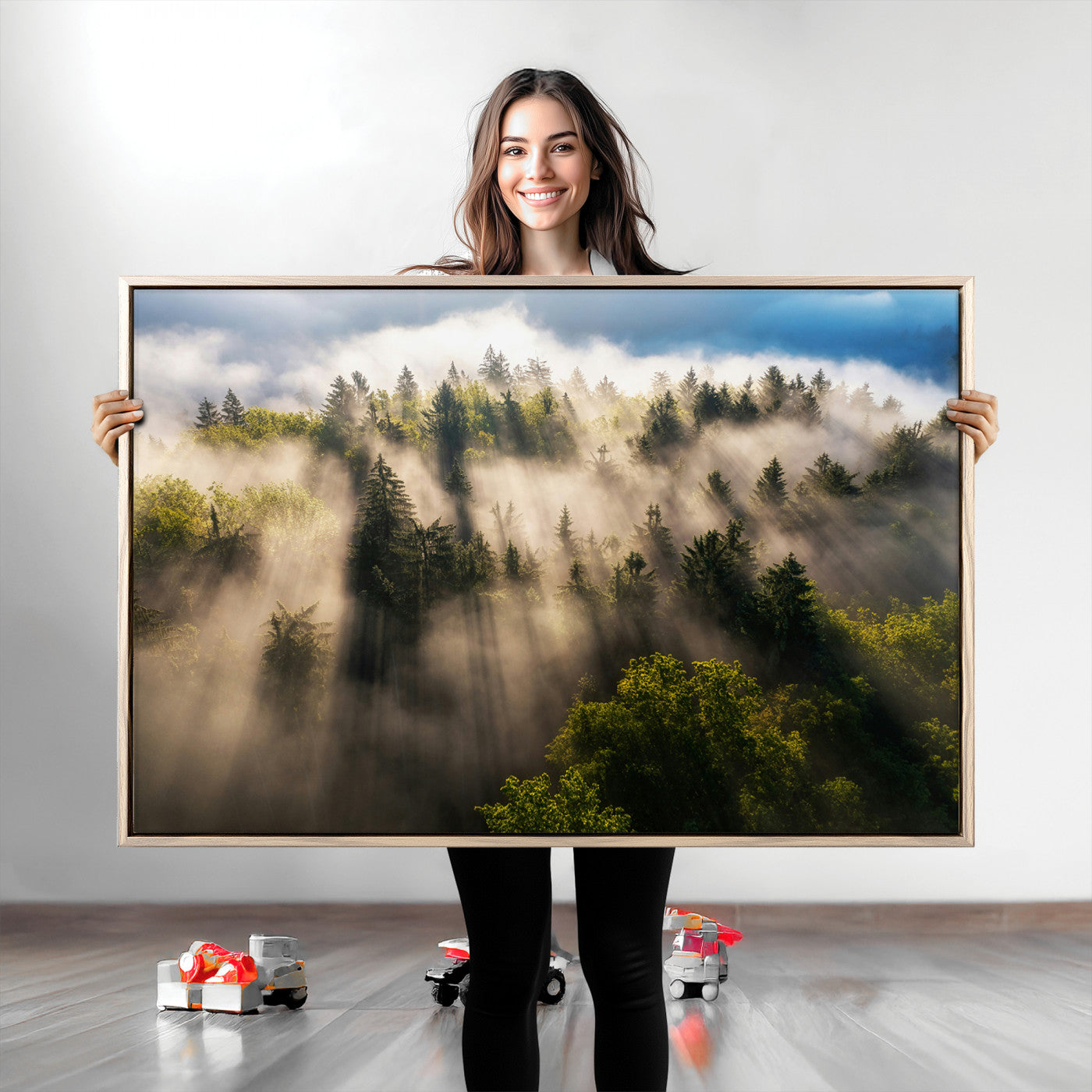 Tranquil Forest Scene Wall Art Canvas Print, Framed Sunbeam Through Trees Art Picture Print, Moody Green Wall Art Perfect Scandinavian