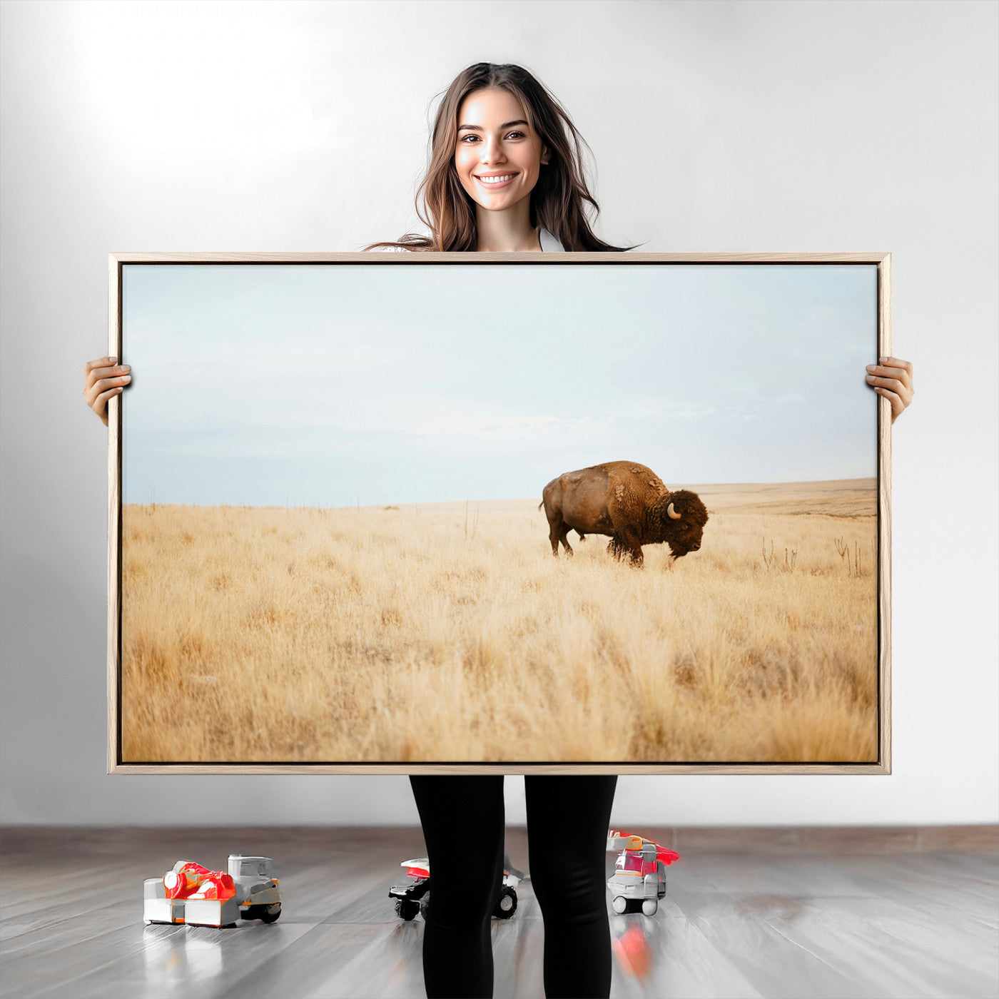 Buffalo Wall Art Canvas Print, Framed Western Wildlife Wall Decor Art Picture Print, Rustic Farmhouse Art Perfect Rustic Western Decor