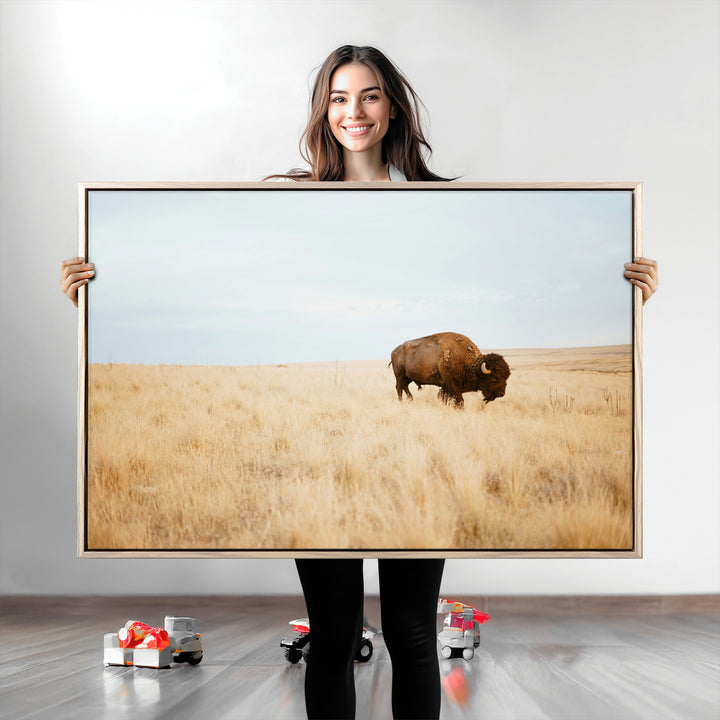 Buffalo Wall Art Canvas Print, Framed Western Wildlife Wall Decor Art Picture Print, Rustic Farmhouse Art Perfect Rustic Western Decor