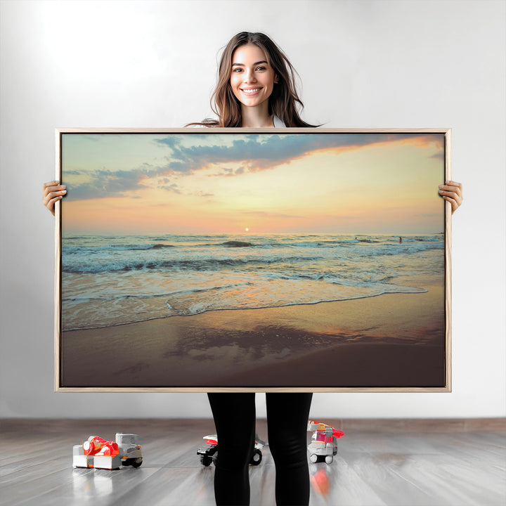 Sunset Seascape Wall Art Canvas Print, Framed Pastel Ocean View Art Picture Print, Tranquil Shoreline Perfect Boho Coastal Decor Artwork