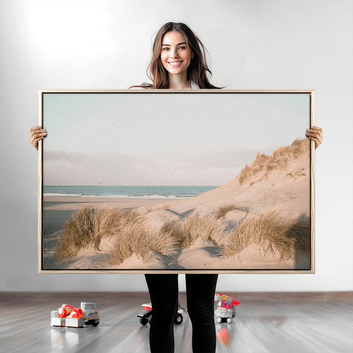 Minimalist Seascape Wall Art Canvas Print, Framed Neutral Beach Print Art Picture Print, Sand Dune Photography Perfect Scandinavian Coastal