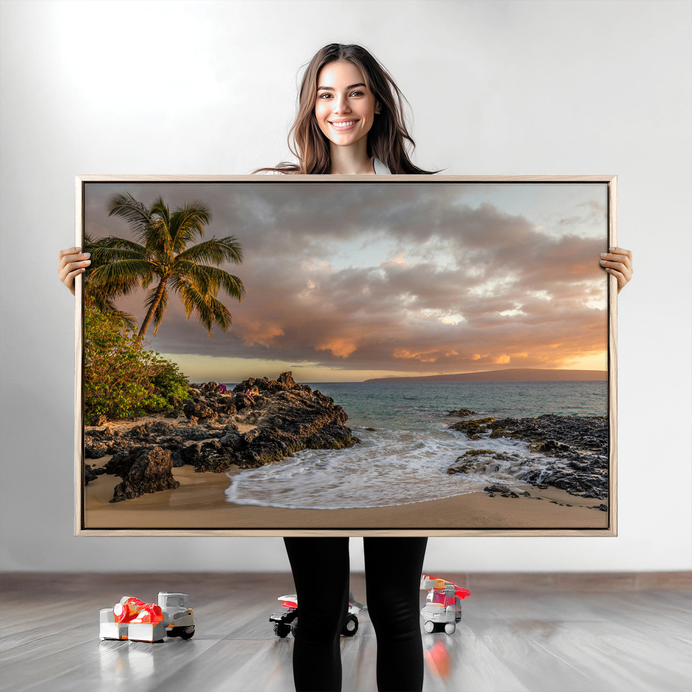 Golden sunset over a tropical beach with palm trees, rocky shoreline, and gentle ocean waves, perfect for coastal and island-inspired decor.