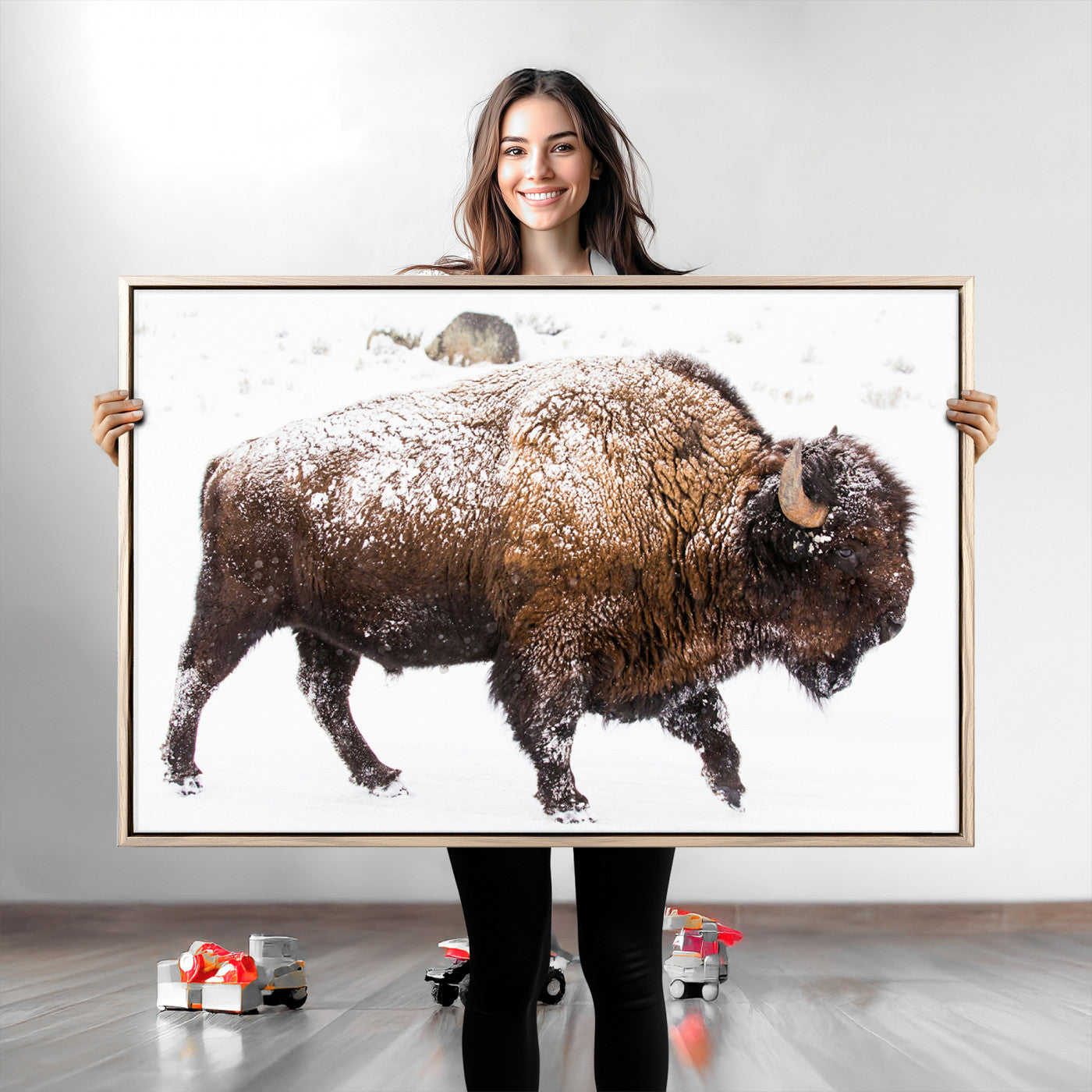 Side profile of a powerful bison walking through deep snow, with frost-covered fur and a white winter background, perfect for rustic and western decor.
