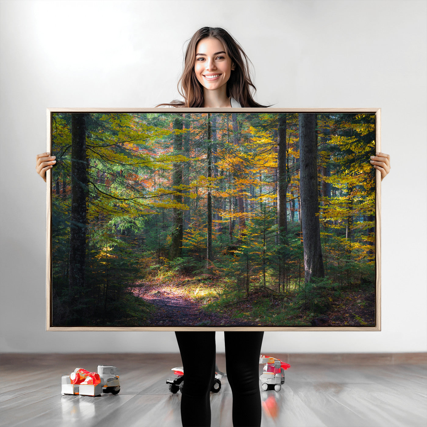 A serene autumn forest with golden and green leaves, a misty atmosphere, and a sunlit pathway, creating a tranquil nature-inspired wall art piece.