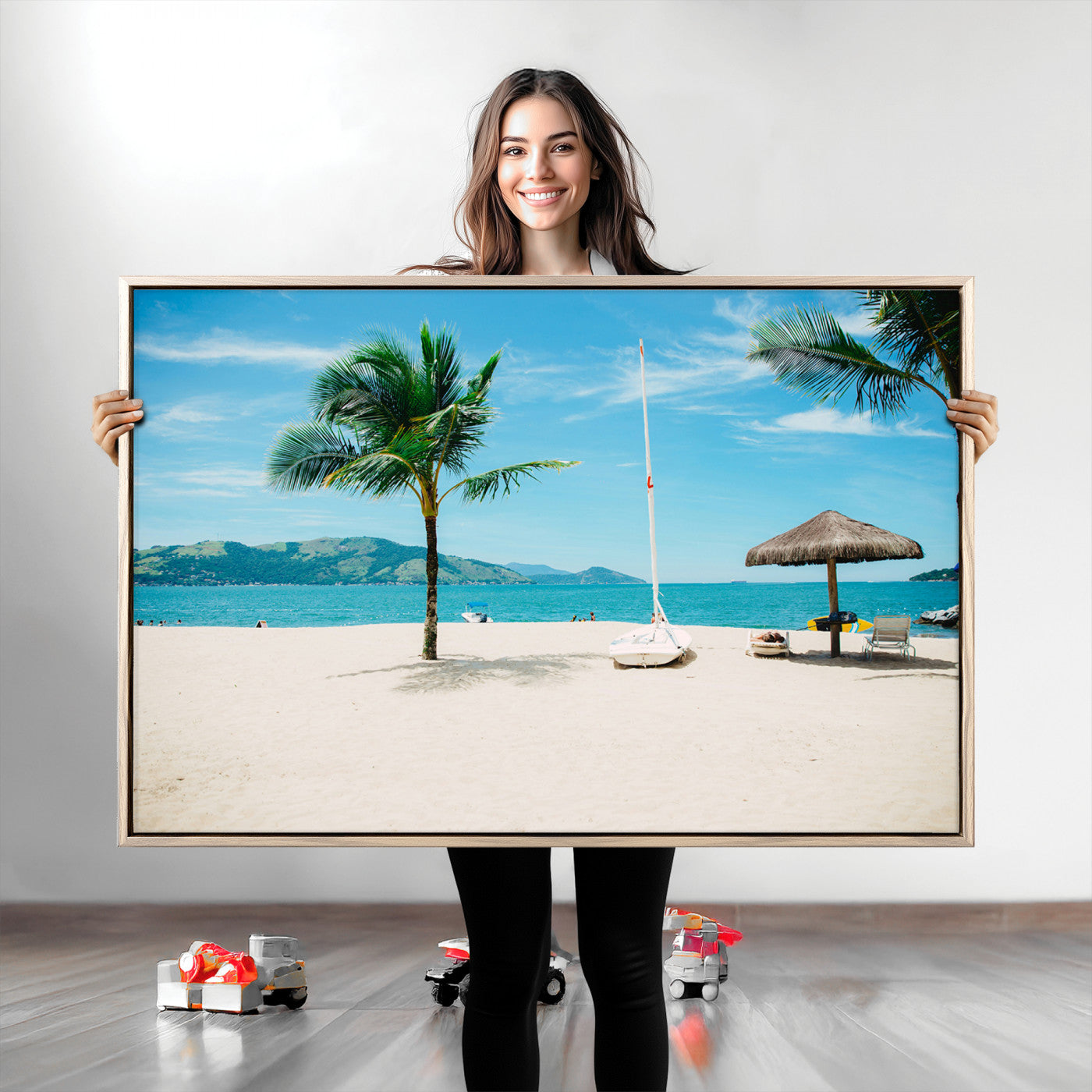 Tropical beach scene with palm trees, a white sailboat, and turquoise ocean waters under a bright blue sky, creating a peaceful summer vibe.
