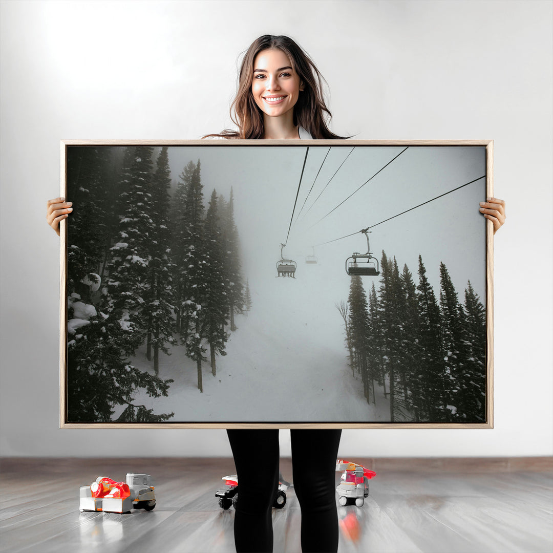 Ski Lift Wall Art Canvas Print, Framed Snowy Pines Art Picture Print, Misty Landscape Perfect Winter Serenity Decor Artwork