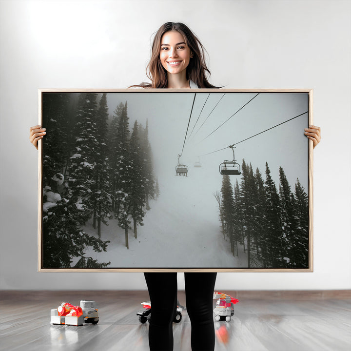 Ski Lift Wall Art Canvas Print, Framed Snowy Pines Art Picture Print, Misty Landscape Perfect Winter Serenity Decor Artwork