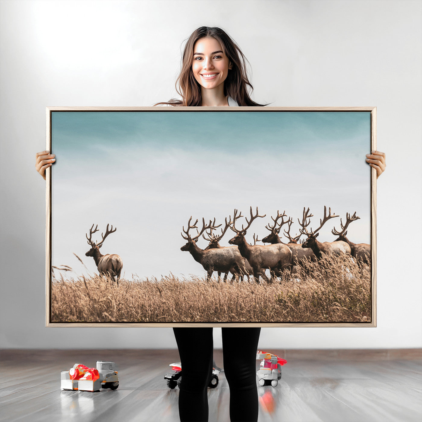 Elk Herd Wall Art Canvas, Antler Canvas Print, Framed Wildlife Photography Art Picture Print, Rustic Nature Print Perfect Rustic Wildlife