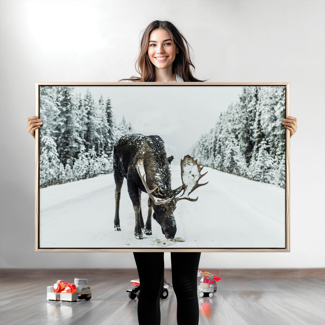 Moose in Snow Wall Art Canvas Print, Framed Winter Wildlife Art Picture Print, Snowy Forest Scene Perfect Rustic Lodge Decor Artwork