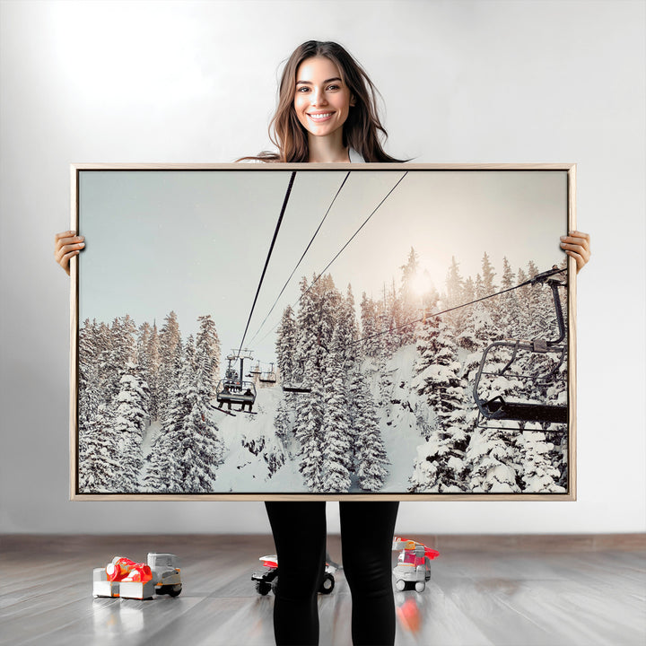 Frosty Pines Wall Art Canvas Print, Framed Cozy Cabin View Art Picture Print, Ski Lift Ride Perfect Rustic Lodge Decor Artwork