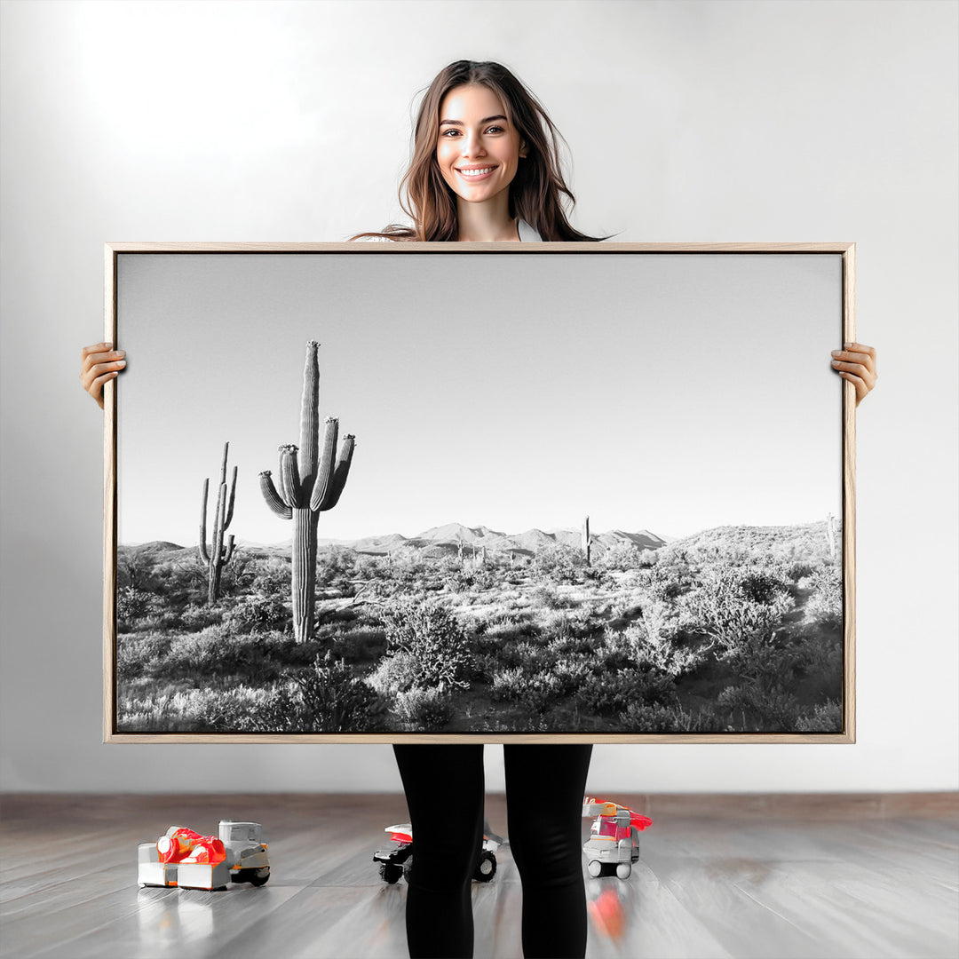 Saguaro Cactus Canvas Print Wall Art , Monochrome Landscape Print, Framed Scenic Arizona Art Print, Large Timeless Western Aesthetic