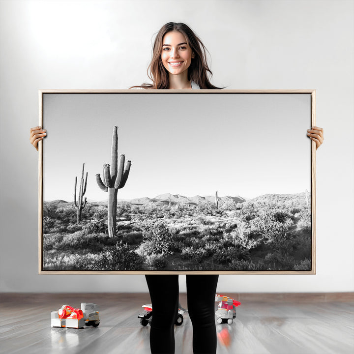 Saguaro Cactus Canvas Print Wall Art , Monochrome Landscape Print, Framed Scenic Arizona Art Print, Large Timeless Western Aesthetic