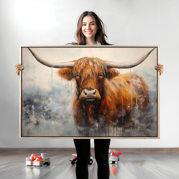 Scottish Highland Wall Art Canvas Print, Framed Longhorn Art Picture Print, Western Cow Perfect Farmhouse Decor Artwork