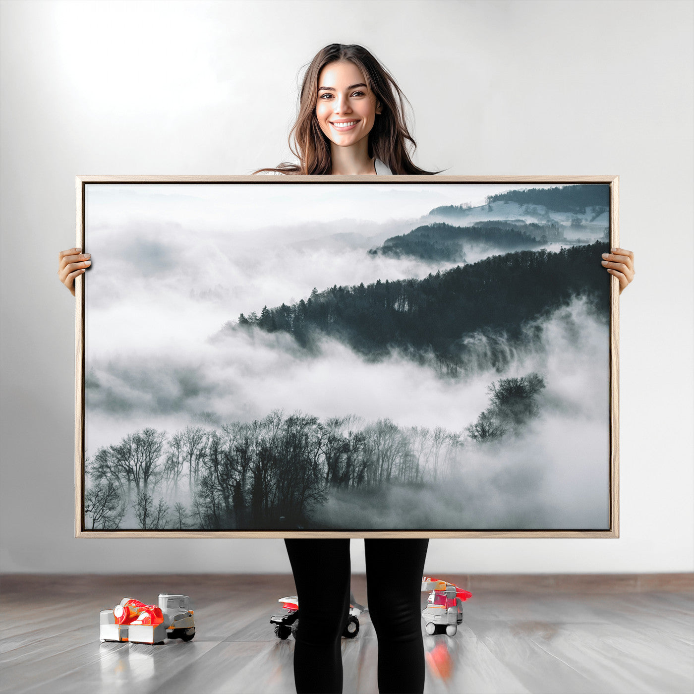 67569654-MGV-CV-36X24-Foggy Forest Landscape Wall Art Canvas Print – Misty Mountain Valley Scene in Monochrome Tones, Perfect for Minimalist or Nordic Home Decor