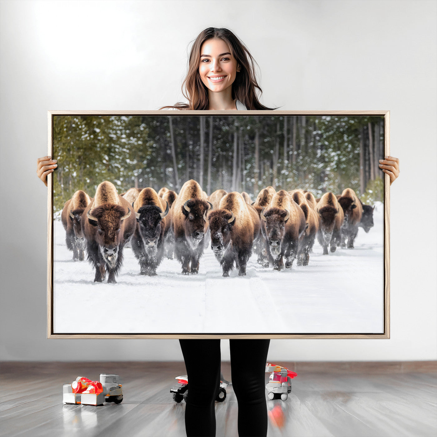 American Bison Herd in Snow Wall Art Canvas Print – Powerful Winter Wildlife Scene with Buffalo in Motion, Perfect for Rustic Lodge or Western Cabin Decor